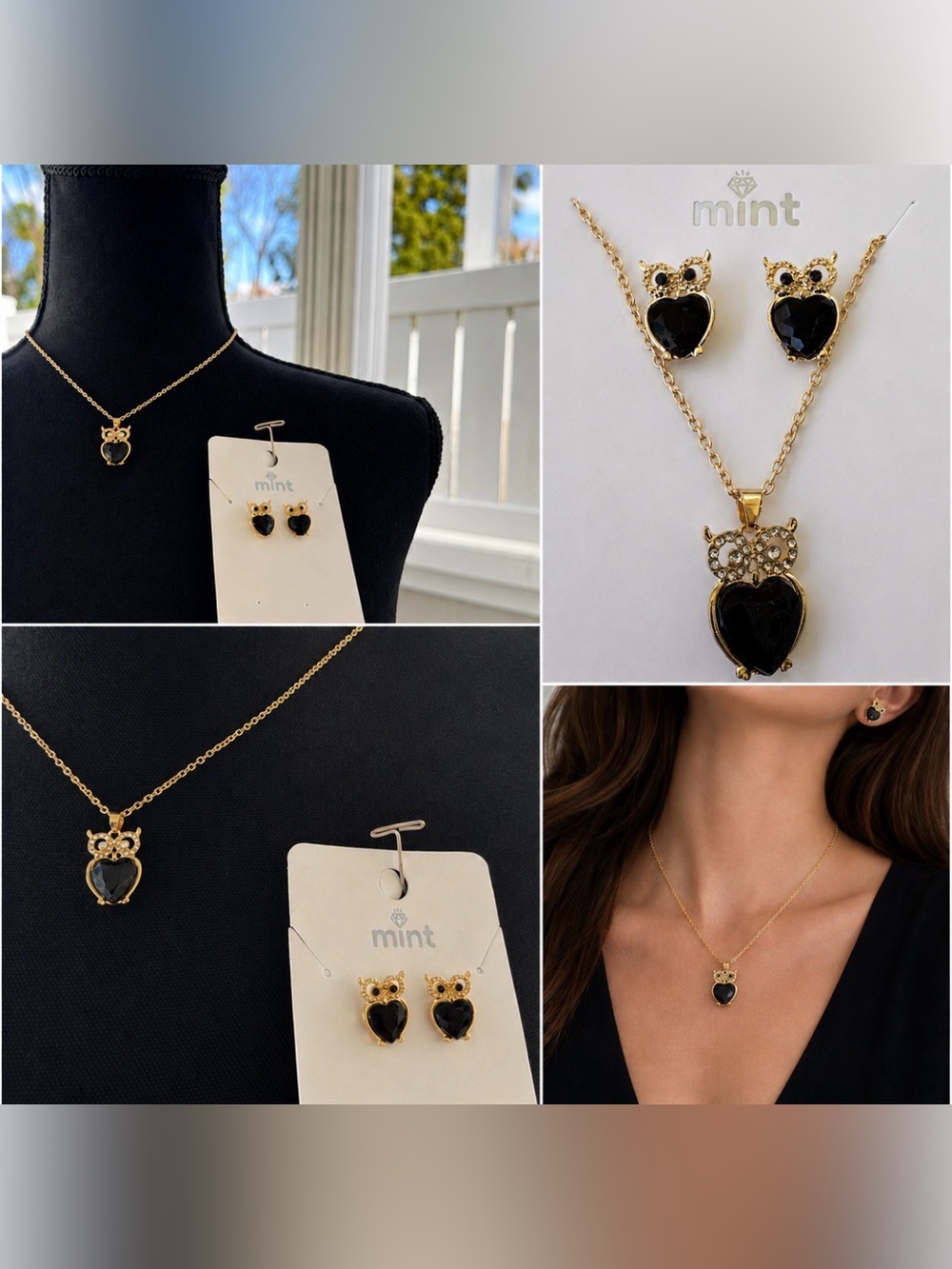 Mint Rhinestone Owl Set Necklace & Earrings Set NEW Black Gold CZ Bling Costume